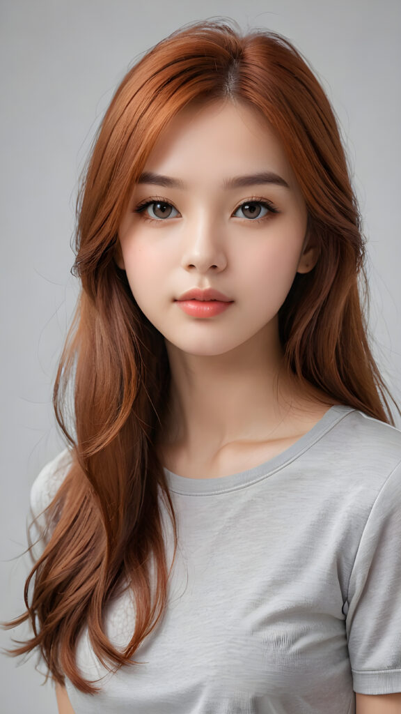 a thoughtful (((cute and petite girl))) with long, soft, red straight hair, soft lips and grey eyes that give off a romantic glow, wears a form-fitting tight t-shirt