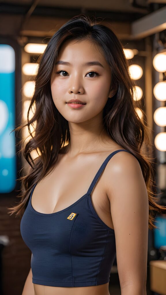 a (((tomboy Asian teen girl))) with long, (((realistically detailed hair))), poised in a (((cinematic light setup))) for a portrat-shot, her face radiant with happiness, featuring a (((flawlessly detailed round face))), a (((short form fitting crop top))) that showcases her perfect physique, and (((realistic details))), such as a (((curvy yet toned silhouette)))