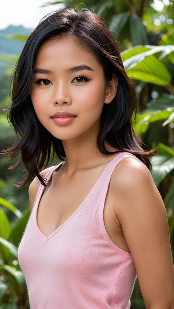 a (((very beautiful Pinay teenage girl))), 13 years old, with long, flowing, voluminous (((detailed soft black hair))), styled in a sleek, shiny, straight haircut with sharp, defined (((full lips))), emitting an ethereal glow that complements her otherwise natural features, dressed in a (((pink short thin plain and cropped tank top made of fine wool, deep v-neck))), perfect curved fit body, she radiates pure joy, smile, perfect white teeth, round realistic face, round shiny amber eyes, full kissable lips, Philippines