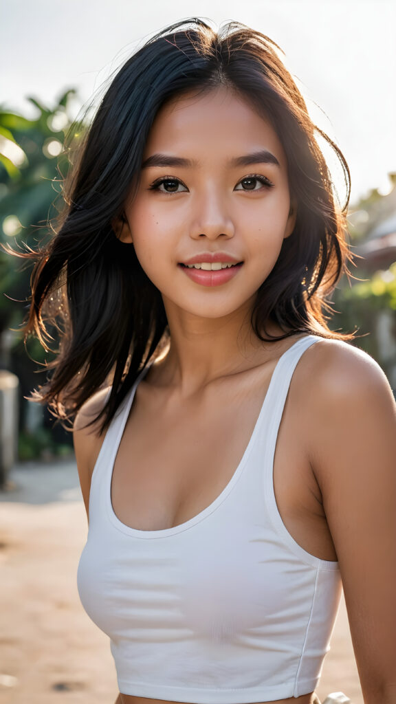 a (((very beautiful Indonesian teen girl))), 15 years old, with long, flowing, voluminous (((black hair))), styled in a sleek, shiny, straight haircut with sharp, defined (((full lips))), emitting an ethereal glow that complements her otherwise natural features, dressed in a (((white short cropped tank top))), she radiates pure joy, smile, perfect white teeth