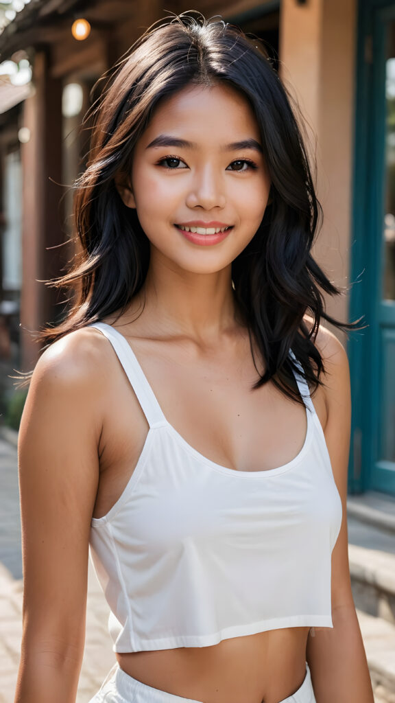 a (((very beautiful Indonesian teen girl))), 15 years old, with long, flowing, voluminous (((black hair))), styled in a sleek, shiny, straight haircut with sharp, defined (((full lips))), emitting an ethereal glow that complements her otherwise natural features, dressed in a (((white short cropped tank top))), she radiates pure joy, smile, perfect white teeth