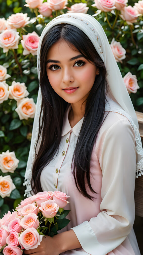 a very beautiful close-up portrait of a young and pretty Persian teen girl, 15 years old. She has an angelic face and long, ((black hair)) in bangs cut. ((Realistic details)), ((matching eyes)), ((perfect hands)), ((nice body)), ((perfect teeth)), ((face illuminated)), (((looking into the camera))), ((wearing a white and pink hijab)), ((holding a bouquet of white and pink flowers)), ((sitting on a wooden bench ((in a garden of roses)))), ((soft color lighting)), ((crisp details)), ((detailed)), ((stunning)), ((gorgeous)), ((realistic skin)), ((shinny)), ((natural)). (((Empty, dark background)))