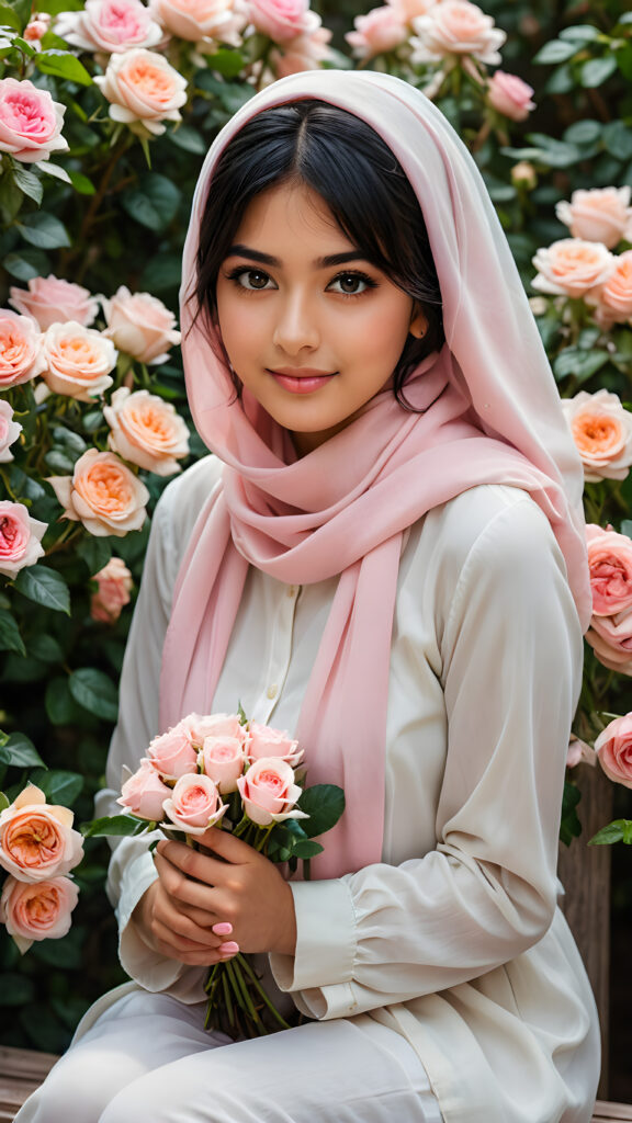 a very beautiful close-up portrait of a young and pretty Persian teen girl, 15 years old. She has an angelic face and long, ((black hair)) in bangs cut. ((Realistic details)), ((matching eyes)), ((perfect hands)), ((nice body)), ((perfect teeth)), ((face illuminated)), (((looking into the camera))), ((wearing a white and pink hijab)), ((holding a bouquet of white and pink flowers)), ((sitting on a wooden bench ((in a garden of roses)))), ((soft color lighting)), ((crisp details)), ((detailed)), ((stunning)), ((gorgeous)), ((realistic skin)), ((shinny)), ((natural)). (((Empty, dark background)))