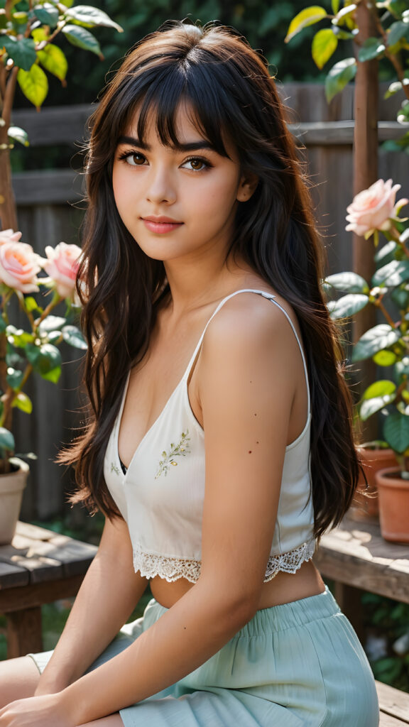 a very beautiful close-up portrait of a young and pretty Persian teen girl, 15 years old. She has an angelic face and long, ((black perfect soft hair)) in bangs cut. ((Realistic details)), ((matching eyes)), ((perfect hands)), ((nice body)), ((perfect teeth)), ((face illuminated)), (((looking into the camera))), ((sitting on a wooden bench ((in a garden of roses)))), ((wears a cropped tank top with deep v-neck)), ((soft color lighting)), ((crisp details)), ((detailed)), ((stunning)), ((gorgeous)), ((realistic skin)), ((shinny)), ((natural))