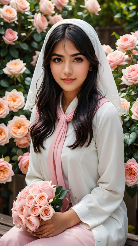 a very beautiful close-up portrait of a young and pretty Persian teen girl, 15 years old. She has an angelic face and long, ((black hair)) in bangs cut. ((Realistic details)), ((matching eyes)), ((perfect hands)), ((nice body)), ((perfect teeth)), ((face illuminated)), (((looking into the camera))), ((wearing a white and pink hijab)), ((holding a bouquet of white and pink flowers)), ((sitting on a wooden bench ((in a garden of roses)))), ((soft color lighting)), ((crisp details)), ((detailed)), ((stunning)), ((gorgeous)), ((realistic skin)), ((shinny)), ((natural)). (((Empty, dark background)))