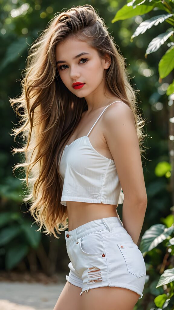 a very beautiful and detailed photo of a cute, pretty, stunning, girl model, 14 years old, ((very long and messy hair)), ((white crop top)), ((shorts)), ((red lipstick)), ((beautiful face)), ((soft body)), (((side view)))