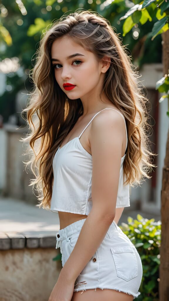 a very beautiful and detailed photo of a cute, pretty, stunning, girl model, 14 years old, ((very long and messy hair)), ((white crop top)), ((shorts)), ((red lipstick)), ((beautiful face)), ((soft body)), (((side view)))