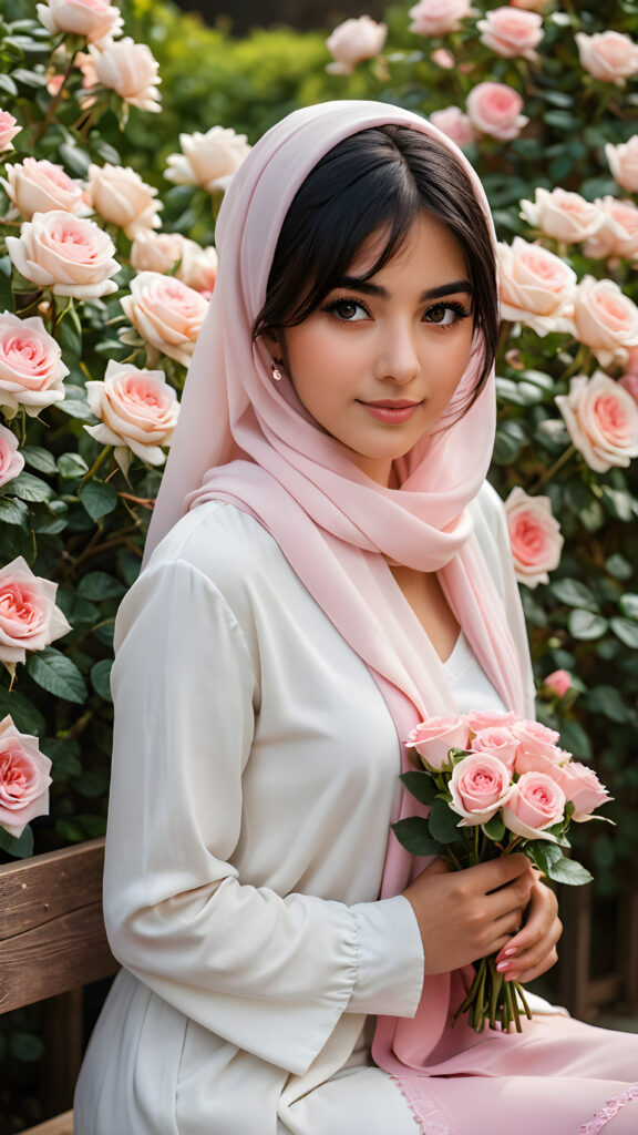 a very beautiful close-up portrait of a young and pretty Persian teen girl, 15 years old. She has an angelic face and long, ((black hair)) in bangs cut. ((Realistic details)), ((matching eyes)), ((perfect hands)), ((nice body)), ((perfect teeth)), ((face illuminated)), (((looking into the camera))), ((wearing a white and pink hijab)), ((holding a bouquet of white and pink flowers)), ((sitting on a wooden bench ((in a garden of roses)))), ((soft color lighting)), ((crisp details)), ((detailed)), ((stunning)), ((gorgeous)), ((realistic skin)), ((shinny)), ((natural)). (((Empty, dark background)))