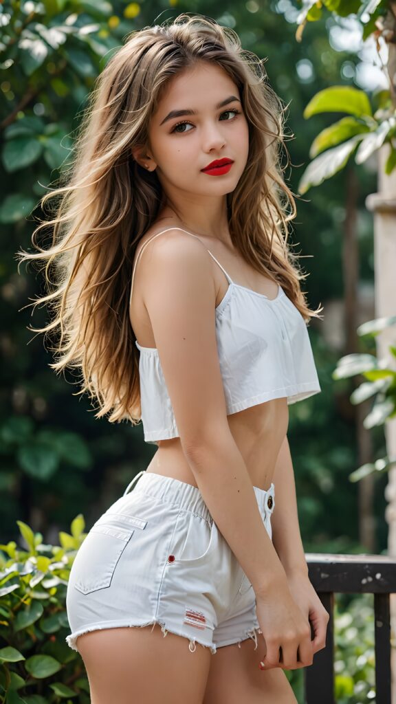 a very beautiful and detailed photo of a cute, pretty, stunning, girl model, 14 years old, ((very long and messy hair)), ((white crop top)), ((shorts)), ((red lipstick)), ((beautiful face)), ((soft body)), (((side view)))