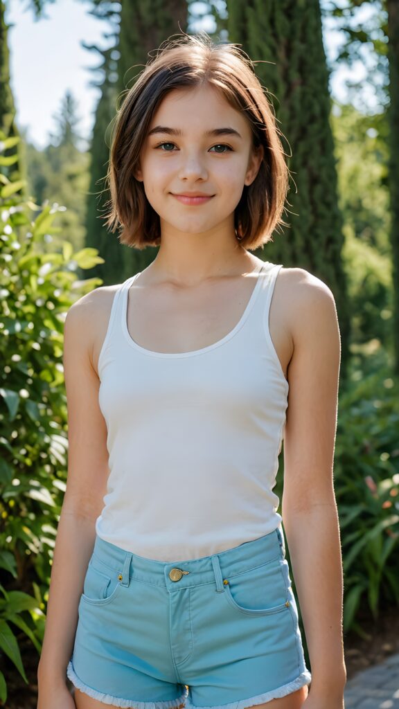 a (((very cute teen girl))) dressed in a (((tank top and short pants))), exuding an air of youthful confidence with features that are both (strikingly beautiful) and (vividly glowing), capturing the essence of (summer vitality)