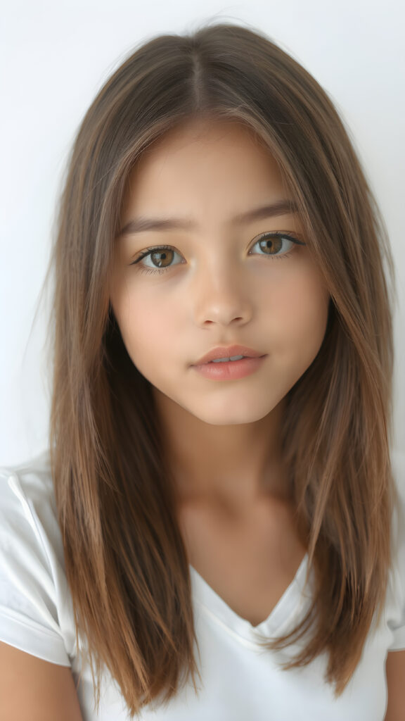 a very cute young teen girl, with straight brown-blond soft shoulder-length long hair, with naturally soft and slightly tanned skin, her lips are full and devoid of pigmentation, wearing a tight short thin v-neck white t-shirt. The background is a simple grey and white (plain and sleek) one for a perfect, classic and modern look. She exudes stunning beauty, in a fashion sense, photo-realistic, 4k, high quality and detailed details in her features and surroundings. full body view ((upper body inclusive)), showcasing her beautiful and natural looking skin and perfectly straight hair, in a classic portrait position, with a warm and soft light effect.