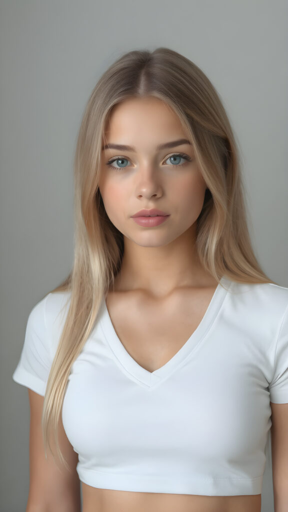 a very cute young busty teen girl, with straight soft long light blond hair, with naturally soft and slightly tanned skin, her lips are full and devoid of pigmentation, wearing a tight short thin v-neck white t-shirt. The background is a simple grey and white (plain and sleek) one for a perfect, classic and modern look. She exudes stunning beauty, in a fashion sense, photo-realistic, 4k, high quality and detailed details in her features and surroundings. full body view ((upper body inclusive)), showcasing her beautiful and natural looking skin and perfectly straight hair, in a classic portrait position, with a warm and soft light effect