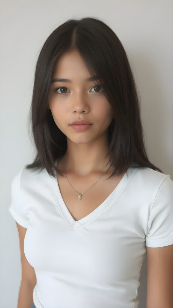 a very cute young busty teen girl, with straight black soft shoulder-length long hair, with naturally soft and slightly tanned skin, her lips are full and devoid of pigmentation, wearing a tight short thin v-neck white t-shirt. The background is a simple grey and white (plain and sleek) one for a perfect, classic and modern look. She exudes stunning beauty, in a fashion sense, photo-realistic, 4k, high quality and detailed details in her features and surroundings. full body view ((upper body inclusive)), showcasing her beautiful and natural looking skin and perfectly straight hair, in a classic portrait position, with a warm and soft light effect.