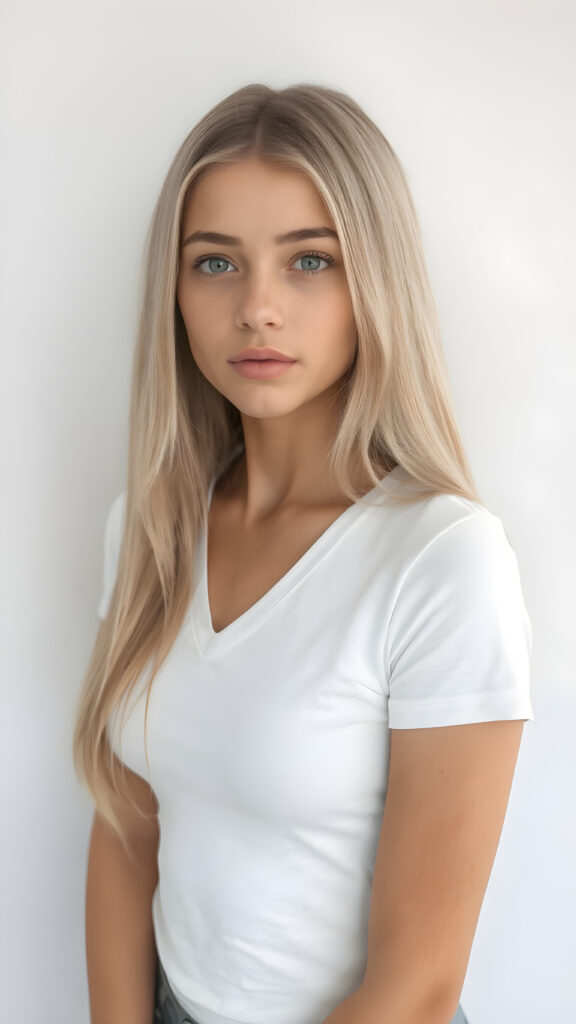 a very cute young busty teen girl, with straight soft long light blond hair, with naturally soft and slightly tanned skin, her lips are full and devoid of pigmentation, wearing a tight short thin v-neck white t-shirt. The background is a simple grey and white (plain and sleek) one for a perfect, classic and modern look. She exudes stunning beauty, in a fashion sense, photo-realistic, 4k, high quality and detailed details in her features and surroundings. full body view ((upper body inclusive)), showcasing her beautiful and natural looking skin and perfectly straight hair, in a classic portrait position, with a warm and soft light effect