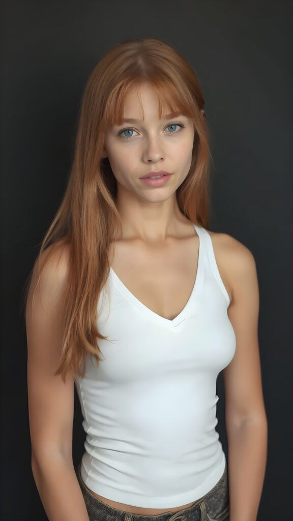 a very cute young busty teen girl, with straight soft long red hair, with naturally soft and slightly tanned skin, her lips are full and devoid of pigmentation, wearing a tight short thin v-neck white tank top. The background is a simple grey and white (plain and sleek) one for a perfect, classic and modern look. She exudes stunning beauty, in a fashion sense, photo-realistic, 4k, high quality and detailed details in her features and surroundings. full body view ((upper body inclusive)), showcasing her beautiful and natural looking skin and perfectly straight hair, in a classic portrait position, with a warm and soft light effect, all against a dark, black backdrop