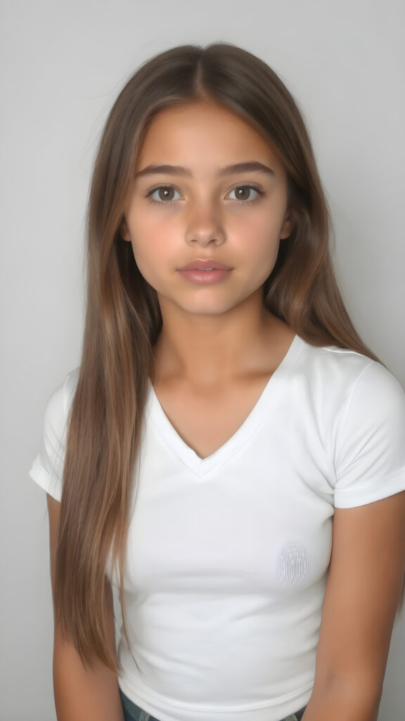 a very cute young teen girl, with straight brown-blond soft shoulder-length long hair, with naturally soft and slightly tanned skin, her lips are full and devoid of pigmentation, wearing a tight short thin v-neck white t-shirt. The background is a simple grey and white (plain and sleek) one for a perfect, classic and modern look. She exudes stunning beauty, in a fashion sense, photo-realistic, 4k, high quality and detailed details in her features and surroundings. full body view ((upper body inclusive)), showcasing her beautiful and natural looking skin and perfectly straight hair, in a classic portrait position, with a warm and soft light effect.