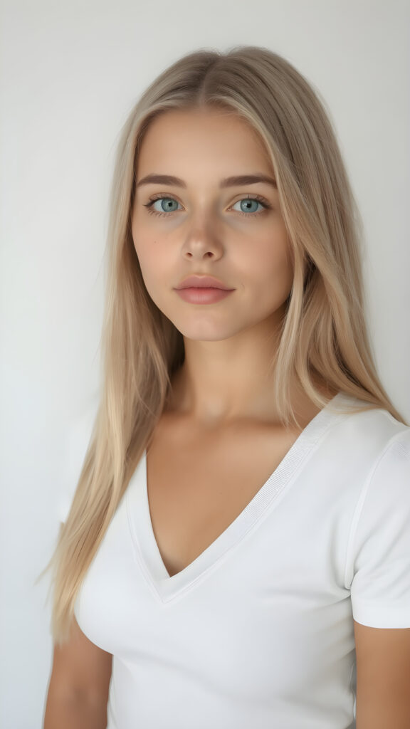 a very cute young busty teen girl, with straight soft long light blond hair, with naturally soft and slightly tanned skin, her lips are full and devoid of pigmentation, wearing a tight short thin v-neck white t-shirt. The background is a simple grey and white (plain and sleek) one for a perfect, classic and modern look. She exudes stunning beauty, in a fashion sense, photo-realistic, 4k, high quality and detailed details in her features and surroundings. full body view ((upper body inclusive)), showcasing her beautiful and natural looking skin and perfectly straight hair, in a classic portrait position, with a warm and soft light effect