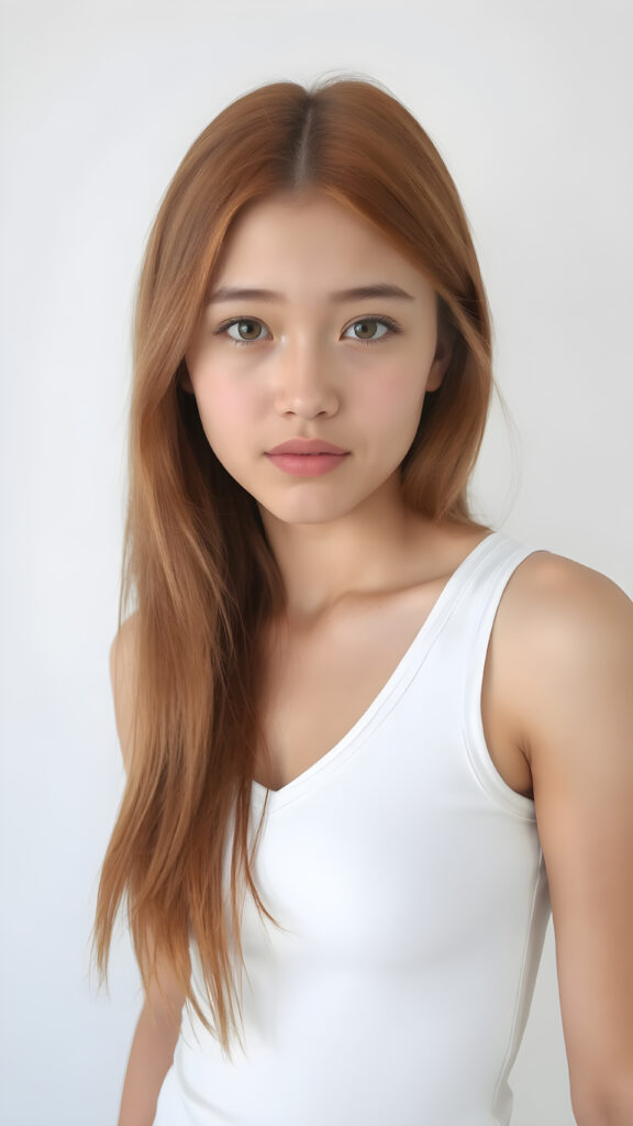 a very cute young busty teen girl, with straight soft long red hair, with naturally soft and slightly tanned skin, her lips are full and devoid of pigmentation, wearing a tight short thin v-neck white tank top. The background is a simple grey and white (plain and sleek) one for a perfect, classic and modern look. She exudes stunning beauty, in a fashion sense, photo-realistic, 4k, high quality and detailed details in her features and surroundings. full body view ((upper body inclusive)), showcasing her beautiful and natural looking skin and perfectly straight hair, in a classic portrait position, with a warm and soft light effect.