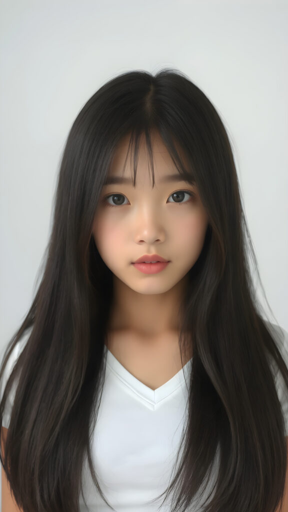 a very cute young teen girl, ((merged Exotic and Asian)) with straight soft long obsidian black hair, with naturally soft and slightly tanned skin, her lips are full and devoid of pigmentation, wearing a tight short thin v-neck white t-shirt. The background is a simple grey and white (plain and sleek) one for a perfect, classic and modern look. She exudes stunning beauty, in a fashion sense, photo-realistic, 4k, high quality and detailed details in her features and surroundings. full body view ((upper body inclusive)), showcasing her beautiful and natural looking skin and perfectly straight hair, in a classic portrait position, with a warm and soft light effect.