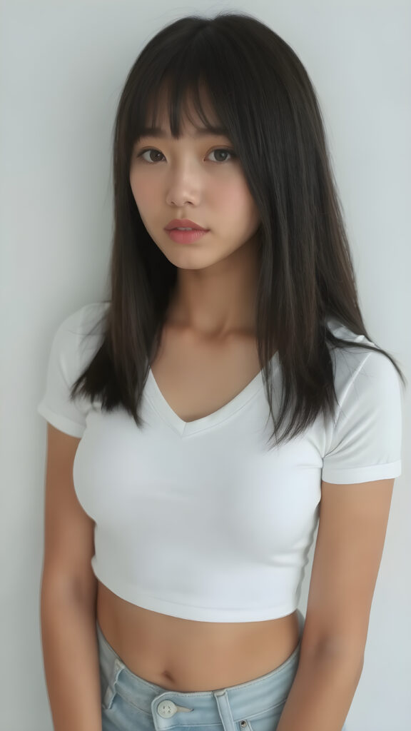 a very cute young busty teen girl, with straight black soft shoulder-length long hair, with naturally soft and slightly tanned skin, her lips are full and devoid of pigmentation, wearing a tight short thin v-neck white t-shirt. The background is a simple grey and white (plain and sleek) one for a perfect, classic and modern look. She exudes stunning beauty, in a fashion sense, photo-realistic, 4k, high quality and detailed details in her features and surroundings. full body view ((upper body inclusive)), showcasing her beautiful and natural looking skin and perfectly straight hair, in a classic portrait position, with a warm and soft light effect.