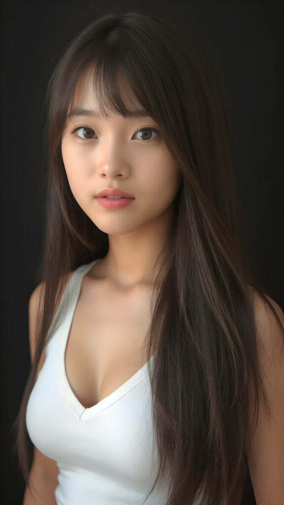 a very cute young teen girl, ((she is merged perfect between Japanese and Korean)), with straight soft long jet hair, with naturally soft and slightly tanned skin, her lips are full and devoid of pigmentation, wearing a tight short thin v-neck white cropped tank top. The background is simple black. She exudes stunning beauty, in a fashion sense, photo-realistic, 4k, high quality and detailed details in her features and surroundings. full body view ((upper body inclusive)), showcasing her beautiful and natural looking skin and perfectly straight hair, in a classic portrait position, with a warm and soft light effect.