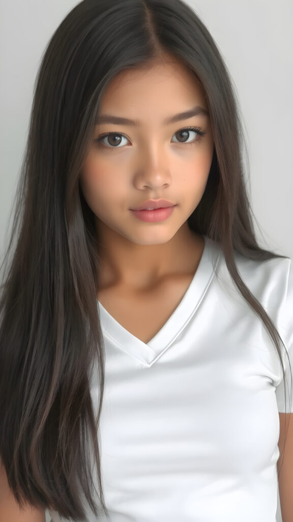 a very cute young busty teen girl, with straight soft long obsidian black hair, with naturally soft and slightly tanned skin, her lips are full and devoid of pigmentation, wearing a tight short thin v-neck white t-shirt. The background is a simple grey and white (plain and sleek) one for a perfect, classic and modern look. She exudes stunning beauty, in a fashion sense, photo-realistic, 4k, high quality and detailed details in her features and surroundings. full body view ((upper body inclusive)), showcasing her beautiful and natural looking skin and perfectly straight hair, in a classic portrait position, with a warm and soft light effect.