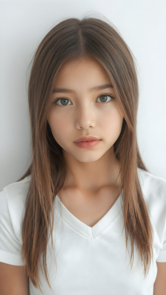 a very cute young teen girl, with straight brown-blond soft shoulder-length long hair, with naturally soft and slightly tanned skin, her lips are full and devoid of pigmentation, wearing a tight short thin v-neck white t-shirt. The background is a simple grey and white (plain and sleek) one for a perfect, classic and modern look. She exudes stunning beauty, in a fashion sense, photo-realistic, 4k, high quality and detailed details in her features and surroundings. full body view ((upper body inclusive)), showcasing her beautiful and natural looking skin and perfectly straight hair, in a classic portrait position, with a warm and soft light effect.