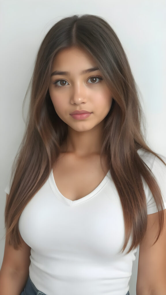 a very cute young busty teen girl, with straight soft long hair, with naturally soft and slightly tanned skin, her lips are full and devoid of pigmentation, wearing a tight short thin v-neck white t-shirt. The background is a simple grey and white (plain and sleek) one for a perfect, classic and modern look. She exudes stunning beauty, in a fashion sense, photo-realistic, 4k, high quality and detailed details in her features and surroundings. full body view ((upper body inclusive)), showcasing her beautiful and natural looking skin and perfectly straight hair, in a classic portrait position, with a warm and soft light effect.