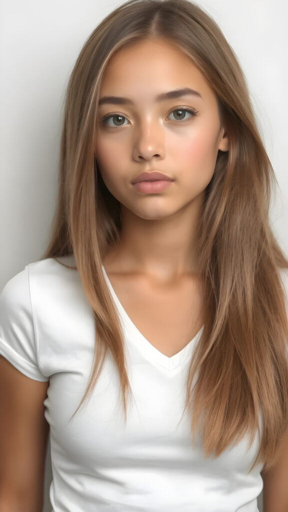 a very cute young busty teen girl, with straight soft long hair, with naturally soft and slightly tanned skin, her lips are full and devoid of pigmentation, wearing a tight short thin v-neck white t-shirt. The background is a simple grey and white (plain and sleek) one for a perfect, classic and modern look. She exudes stunning beauty, in a fashion sense, photo-realistic, 4k, high quality and detailed details in her features and surroundings. full body view ((upper body inclusive)), showcasing her beautiful and natural looking skin and perfectly straight hair, in a classic portrait position, with a warm and soft light effect.