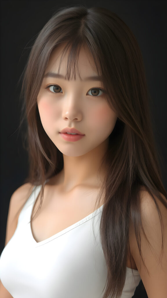 a very cute young teen girl, ((she is merged perfect between Japanese and Korean)), with straight soft long jet hair, with naturally soft and slightly tanned skin, her lips are full and devoid of pigmentation, wearing a tight short thin v-neck white cropped tank top. The background is simple black. She exudes stunning beauty, in a fashion sense, photo-realistic, 4k, high quality and detailed details in her features and surroundings. full body view ((upper body inclusive)), showcasing her beautiful and natural looking skin and perfectly straight hair, in a classic portrait position, with a warm and soft light effect.