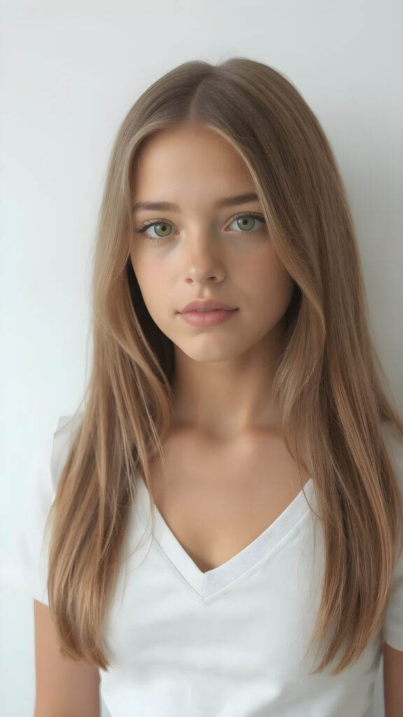 a very cute young teen girl, with straight brown-blond soft shoulder-length long hair, with naturally soft and slightly tanned skin, her lips are full and devoid of pigmentation, wearing a tight short thin v-neck white t-shirt. The background is a simple grey and white (plain and sleek) one for a perfect, classic and modern look. She exudes stunning beauty, in a fashion sense, photo-realistic, 4k, high quality and detailed details in her features and surroundings. full body view ((upper body inclusive)), showcasing her beautiful and natural looking skin and perfectly straight hair, in a classic portrait position, with a warm and soft light effect.