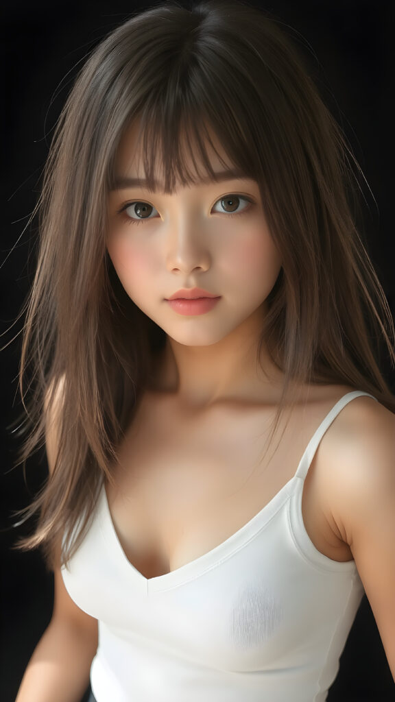 a very cute young teen girl, ((she is merged perfect between Japanese and Korean)), with straight soft long jet hair, with naturally soft and slightly tanned skin, her lips are full and devoid of pigmentation, wearing a tight short thin v-neck white cropped tank top. The background is simple black. She exudes stunning beauty, in a fashion sense, photo-realistic, 4k, high quality and detailed details in her features and surroundings. full body view ((upper body inclusive)), showcasing her beautiful and natural looking skin and perfectly straight hair, in a classic portrait position, with a warm and soft light effect.