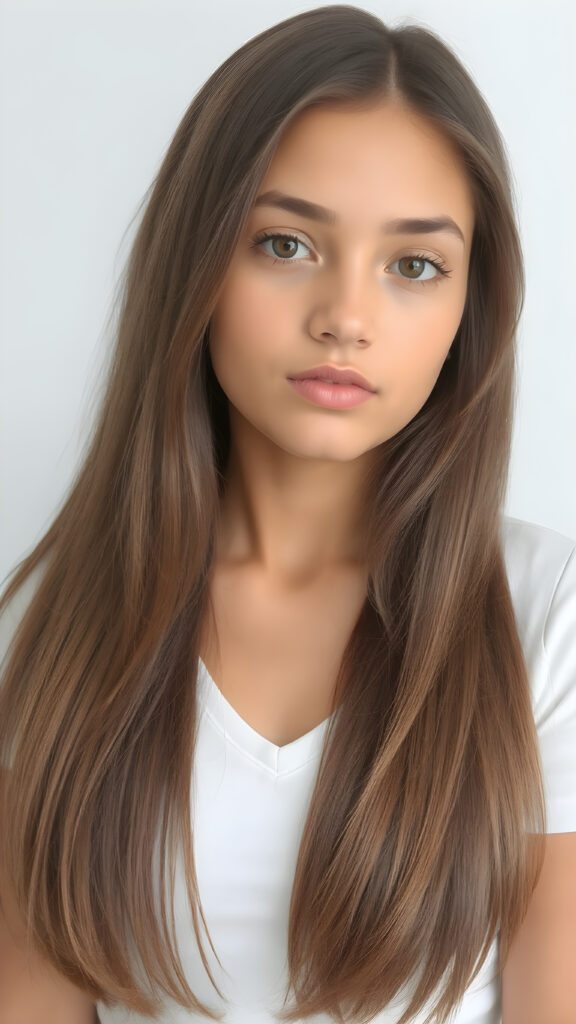 a very cute young busty teen girl, with straight soft long hair, with naturally soft and slightly tanned skin, her lips are full and devoid of pigmentation, wearing a tight short thin v-neck white t-shirt. The background is a simple grey and white (plain and sleek) one for a perfect, classic and modern look. She exudes stunning beauty, in a fashion sense, photo-realistic, 4k, high quality and detailed details in her features and surroundings. full body view ((upper body inclusive)), showcasing her beautiful and natural looking skin and perfectly straight hair, in a classic portrait position, with a warm and soft light effect.