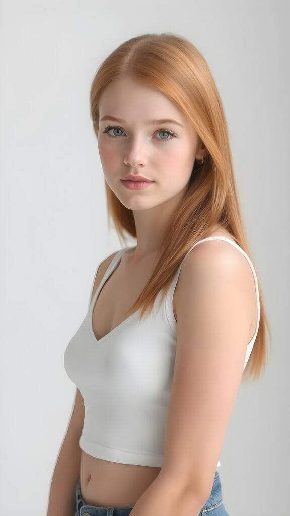 a very cute young busty teen girl, with straight soft long red hair, with naturally soft and slightly tanned skin, her lips are full and devoid of pigmentation, wearing a tight short thin v-neck white tank top. The background is a simple grey and white (plain and sleek) one for a perfect, classic and modern look. She exudes stunning beauty, in a fashion sense, photo-realistic, 4k, high quality and detailed details in her features and surroundings. full body view ((upper body inclusive)), showcasing her beautiful and natural looking skin and perfectly straight hair, in a classic portrait position, with a warm and soft light effect.