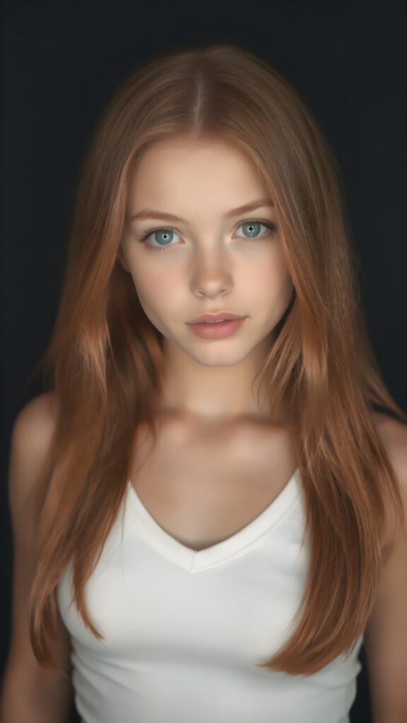 a very cute young busty teen girl, with straight soft long red hair, with naturally soft and slightly tanned skin, her lips are full and devoid of pigmentation, wearing a tight short thin v-neck white tank top. The background is a simple grey and white (plain and sleek) one for a perfect, classic and modern look. She exudes stunning beauty, in a fashion sense, photo-realistic, 4k, high quality and detailed details in her features and surroundings. full body view ((upper body inclusive)), showcasing her beautiful and natural looking skin and perfectly straight hair, in a classic portrait position, with a warm and soft light effect, all against a dark, black backdrop