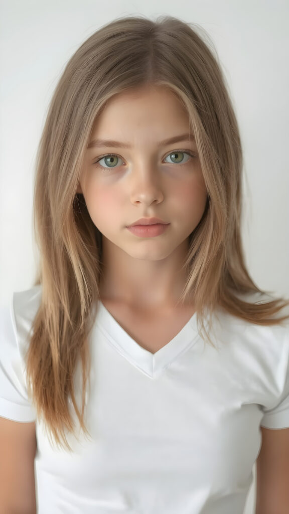 a very cute young teen girl, with straight brown-blond soft shoulder-length long hair, with naturally soft and slightly tanned skin, her lips are full and devoid of pigmentation, wearing a tight short thin v-neck white t-shirt. The background is a simple grey and white (plain and sleek) one for a perfect, classic and modern look. She exudes stunning beauty, in a fashion sense, photo-realistic, 4k, high quality and detailed details in her features and surroundings. full body view ((upper body inclusive)), showcasing her beautiful and natural looking skin and perfectly straight hair, in a classic portrait position, with a warm and soft light effect.