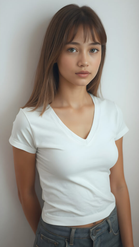 a very cute young teen girl, with straight brown-blond soft shoulder-length long hair, with naturally soft and slightly tanned skin, her lips are full and devoid of pigmentation, wearing a tight short thin v-neck white t-shirt. The background is a simple grey and white (plain and sleek) one for a perfect, classic and modern look. She exudes stunning beauty, in a fashion sense, photo-realistic, 4k, high quality and detailed details in her features and surroundings. full body view ((upper body inclusive)), showcasing her beautiful and natural looking skin and perfectly straight hair, in a classic portrait position, with a warm and soft light effect.