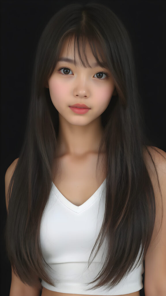 a very cute young teen girl, ((she is merged perfect between Japanese and Korean)), with straight soft long jet hair, with naturally soft and slightly tanned skin, her lips are full and devoid of pigmentation, wearing a tight short thin v-neck white cropped tank top. The background is simple black. She exudes stunning beauty, in a fashion sense, photo-realistic, 4k, high quality and detailed details in her features and surroundings. full body view ((upper body inclusive)), showcasing her beautiful and natural looking skin and perfectly straight hair, in a classic portrait position, with a warm and soft light effect.