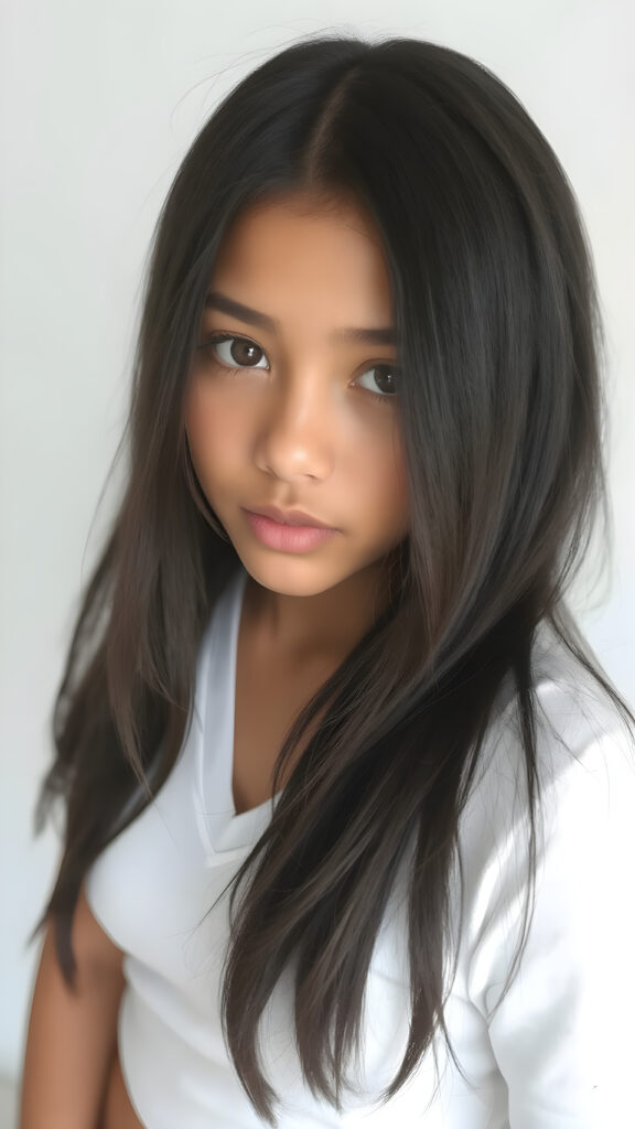 a very cute young mixed Exotic and Latino teen girl, with straight soft long obsidian black hair, with naturally soft and slightly tanned skin, her lips are full and devoid of pigmentation, wearing a tight short thin v-neck white t-shirt. The background is a simple grey and white (plain and sleek) one for a perfect, classic and modern look. She exudes stunning beauty, in a fashion sense, photo-realistic, 4k, high quality and detailed details in her features and surroundings. full body view ((upper body inclusive)), showcasing her beautiful and natural looking skin and perfectly straight hair, in a classic portrait position, with a warm and soft light effect.