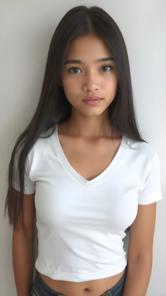 a very cute young busty teen girl, with straight soft long obsidian black hair, with naturally soft and slightly tanned skin, her lips are full and devoid of pigmentation, wearing a tight short thin v-neck white t-shirt. The background is a simple grey and white (plain and sleek) one for a perfect, classic and modern look. She exudes stunning beauty, in a fashion sense, photo-realistic, 4k, high quality and detailed details in her features and surroundings. full body view ((upper body inclusive)), showcasing her beautiful and natural looking skin and perfectly straight hair, in a classic portrait position, with a warm and soft light effect.