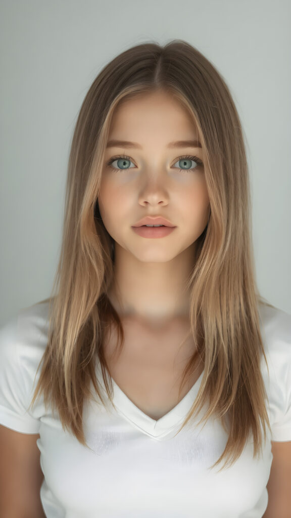 a very cute young teen girl, with straight brown-blond soft shoulder-length long hair, with naturally soft and slightly tanned skin, her lips are full and devoid of pigmentation, wearing a tight short thin v-neck white t-shirt. The background is a simple grey and white (plain and sleek) one for a perfect, classic and modern look. She exudes stunning beauty, in a fashion sense, photo-realistic, 4k, high quality and detailed details in her features and surroundings. full body view ((upper body inclusive)), showcasing her beautiful and natural looking skin and perfectly straight hair, in a classic portrait position, with a warm and soft light effect.