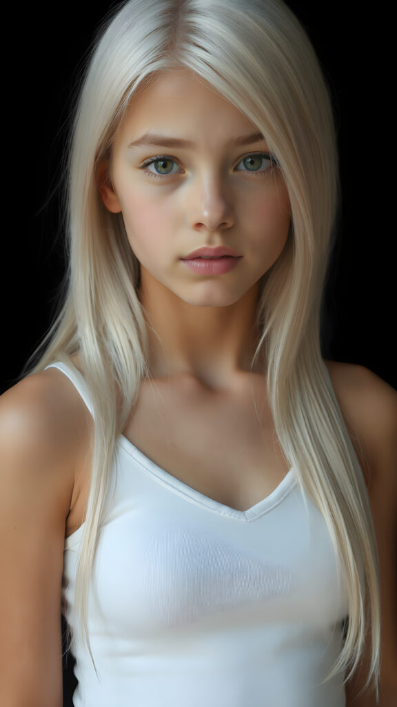 a very cute young teen girl, with straight soft long white hair, with naturally soft and slightly tanned skin, her lips are full and devoid of pigmentation, wearing a tight short thin v-neck white tank top. The background is black. She exudes stunning beauty, in a fashion sense, photo-realistic, 4k, high quality and detailed details in her features and surroundings. full body view ((upper body inclusive)), showcasing her beautiful and natural looking skin and perfectly straight hair, in a classic portrait position, with a warm and soft light effect