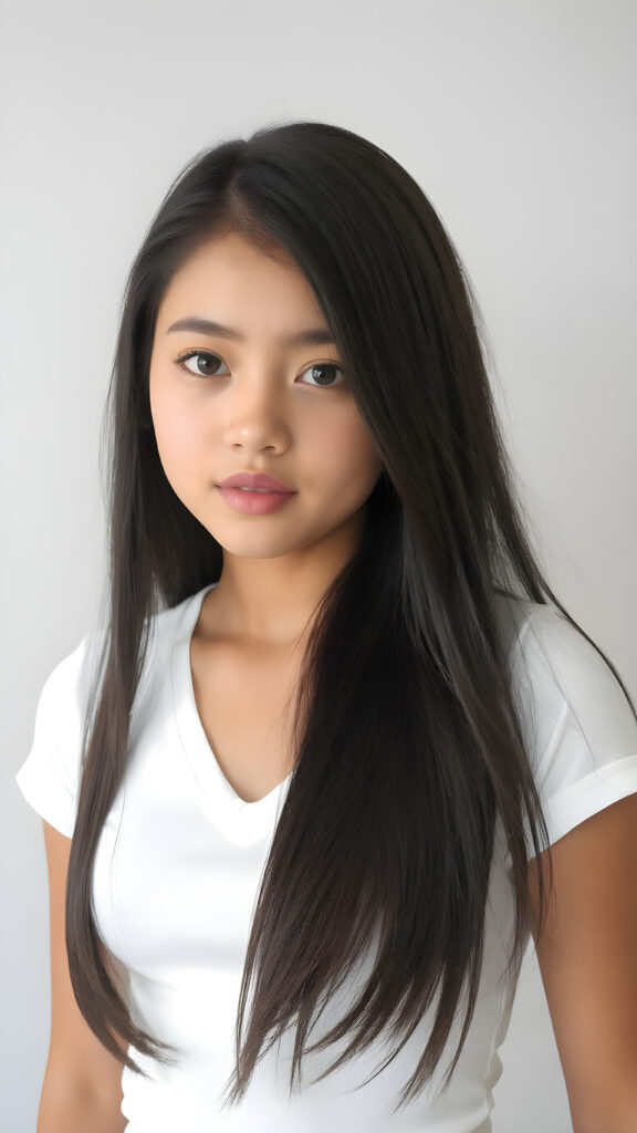 a very cute young busty teen girl, with straight soft long obsidian black hair, with naturally soft and slightly tanned skin, her lips are full and devoid of pigmentation, wearing a tight short thin v-neck white t-shirt. The background is a simple grey and white (plain and sleek) one for a perfect, classic and modern look. She exudes stunning beauty, in a fashion sense, photo-realistic, 4k, high quality and detailed details in her features and surroundings. full body view ((upper body inclusive)), showcasing her beautiful and natural looking skin and perfectly straight hair, in a classic portrait position, with a warm and soft light effect.