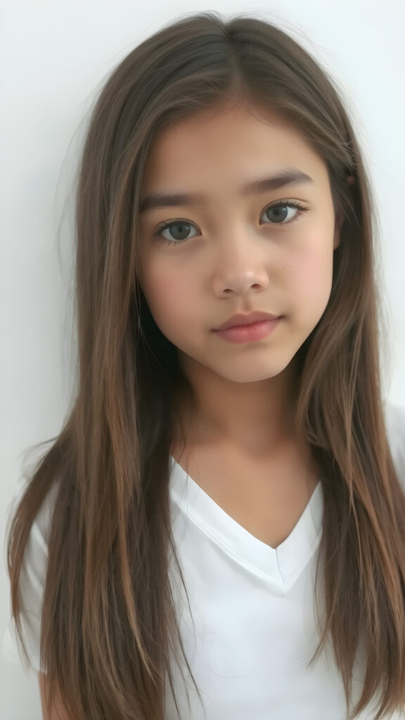 a very cute young teen girl, with straight brown-blond soft shoulder-length long hair, with naturally soft and slightly tanned skin, her lips are full and devoid of pigmentation, wearing a tight short thin v-neck white t-shirt. The background is a simple grey and white (plain and sleek) one for a perfect, classic and modern look. She exudes stunning beauty, in a fashion sense, photo-realistic, 4k, high quality and detailed details in her features and surroundings. full body view ((upper body inclusive)), showcasing her beautiful and natural looking skin and perfectly straight hair, in a classic portrait position, with a warm and soft light effect.