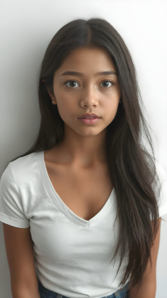 a very cute young busty teen girl, with straight black soft shoulder-length long hair, with naturally soft and slightly tanned skin, her lips are full and devoid of pigmentation, wearing a tight short thin v-neck white t-shirt. The background is a simple grey and white (plain and sleek) one for a perfect, classic and modern look. She exudes stunning beauty, in a fashion sense, photo-realistic, 4k, high quality and detailed details in her features and surroundings. full body view ((upper body inclusive)), showcasing her beautiful and natural looking skin and perfectly straight hair, in a classic portrait position, with a warm and soft light effect.