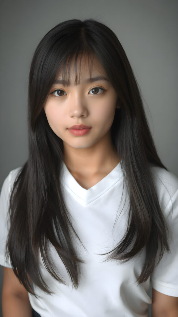 a very cute young teen girl, ((merged Exotic and Asian)) with straight soft long obsidian black hair, with naturally soft and slightly tanned skin, her lips are full and devoid of pigmentation, wearing a tight short thin v-neck white t-shirt. The background is a simple grey and white (plain and sleek) one for a perfect, classic and modern look. She exudes stunning beauty, in a fashion sense, photo-realistic, 4k, high quality and detailed details in her features and surroundings. full body view ((upper body inclusive)), showcasing her beautiful and natural looking skin and perfectly straight hair, in a classic portrait position, with a warm and soft light effect.