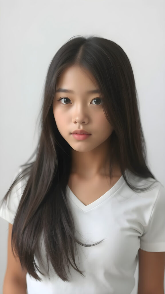 a very cute young teen girl, ((merged Exotic and Asian)) with straight soft long obsidian black hair, with naturally soft and slightly tanned skin, her lips are full and devoid of pigmentation, wearing a tight short thin v-neck white t-shirt. The background is a simple grey and white (plain and sleek) one for a perfect, classic and modern look. She exudes stunning beauty, in a fashion sense, photo-realistic, 4k, high quality and detailed details in her features and surroundings. full body view ((upper body inclusive)), showcasing her beautiful and natural looking skin and perfectly straight hair, in a classic portrait position, with a warm and soft light effect.