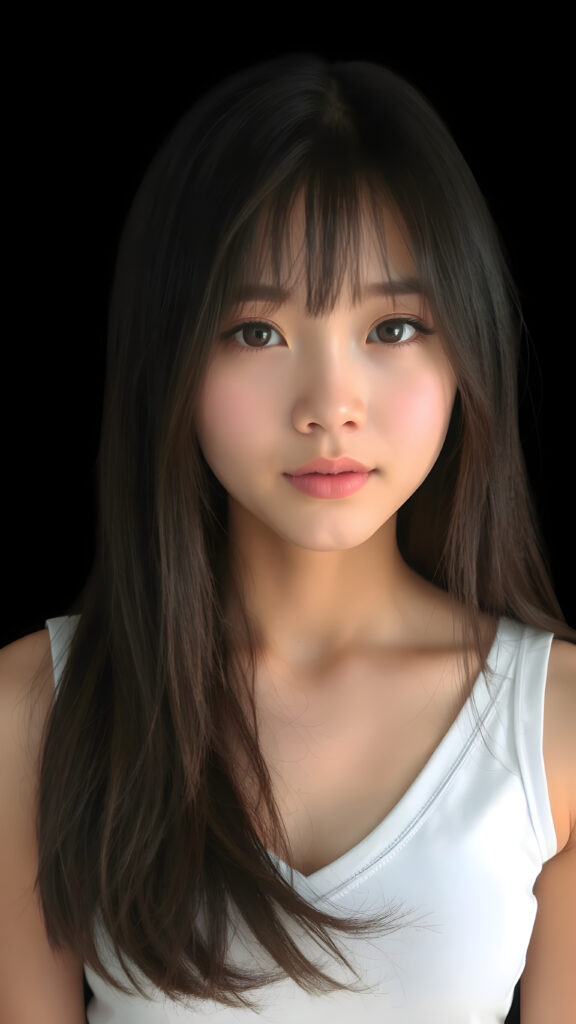 a very cute young teen girl, ((she is merged perfect between Japanese and Korean)), with straight soft long jet hair, with naturally soft and slightly tanned skin, her lips are full and devoid of pigmentation, wearing a tight short thin v-neck white cropped tank top. The background is simple black. She exudes stunning beauty, in a fashion sense, photo-realistic, 4k, high quality and detailed details in her features and surroundings. full body view ((upper body inclusive)), showcasing her beautiful and natural looking skin and perfectly straight hair, in a classic portrait position, with a warm and soft light effect.