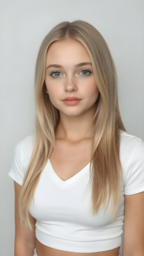 a very cute young busty teen girl, with straight soft long light blond hair, with naturally soft and slightly tanned skin, her lips are full and devoid of pigmentation, wearing a tight short thin v-neck white t-shirt. The background is a simple grey and white (plain and sleek) one for a perfect, classic and modern look. She exudes stunning beauty, in a fashion sense, photo-realistic, 4k, high quality and detailed details in her features and surroundings. full body view ((upper body inclusive)), showcasing her beautiful and natural looking skin and perfectly straight hair, in a classic portrait position, with a warm and soft light effect