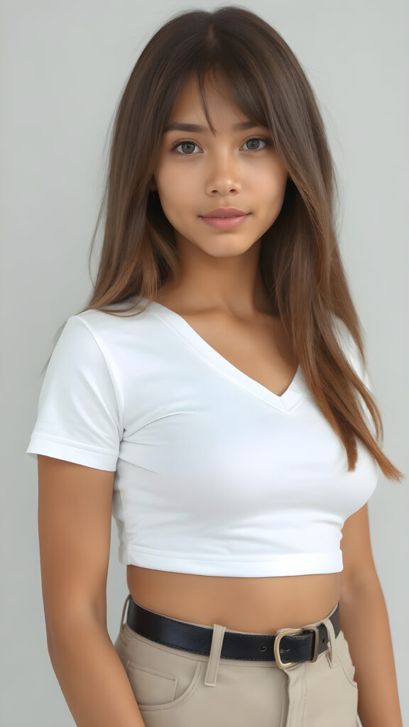 a very cute young busty teen girl, with straight soft long hair, with naturally soft and slightly tanned skin, her lips are full and devoid of pigmentation, wearing a tight short thin v-neck white t-shirt. The background is a simple grey and white (plain and sleek) one for a perfect, classic and modern look. She exudes stunning beauty, in a fashion sense, photo-realistic, 4k, high quality and detailed details in her features and surroundings. full body view ((upper body inclusive)), showcasing her beautiful and natural looking skin and perfectly straight hair, in a classic portrait position, with a warm and soft light effect.